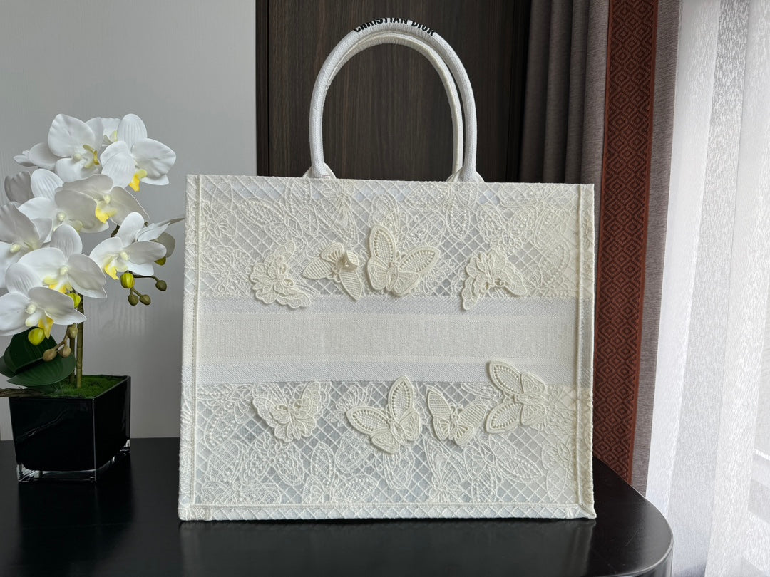Dior Elegant White Canvas Tote Bag with 3D Embroidered Butterflies