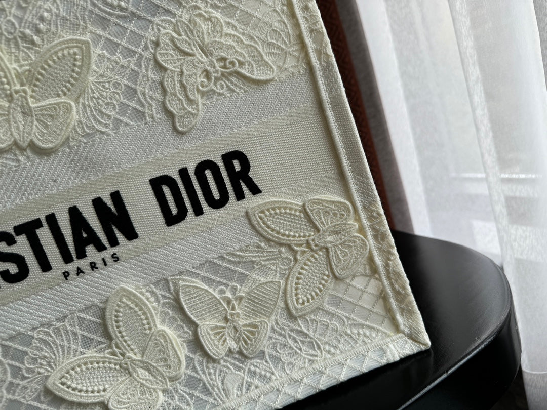 Dior Elegant White Butterfly Embroidered Canvas Tote Handbag