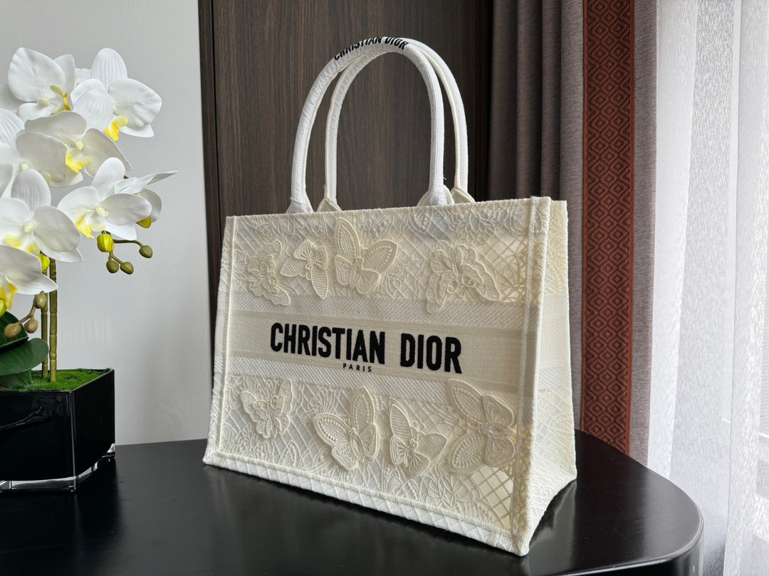 Dior Elegant White Butterfly Embroidered Canvas Tote Handbag