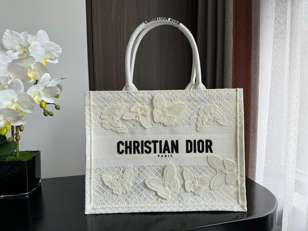 Dior Elegant White Butterfly Embroidered Canvas Tote Handbag