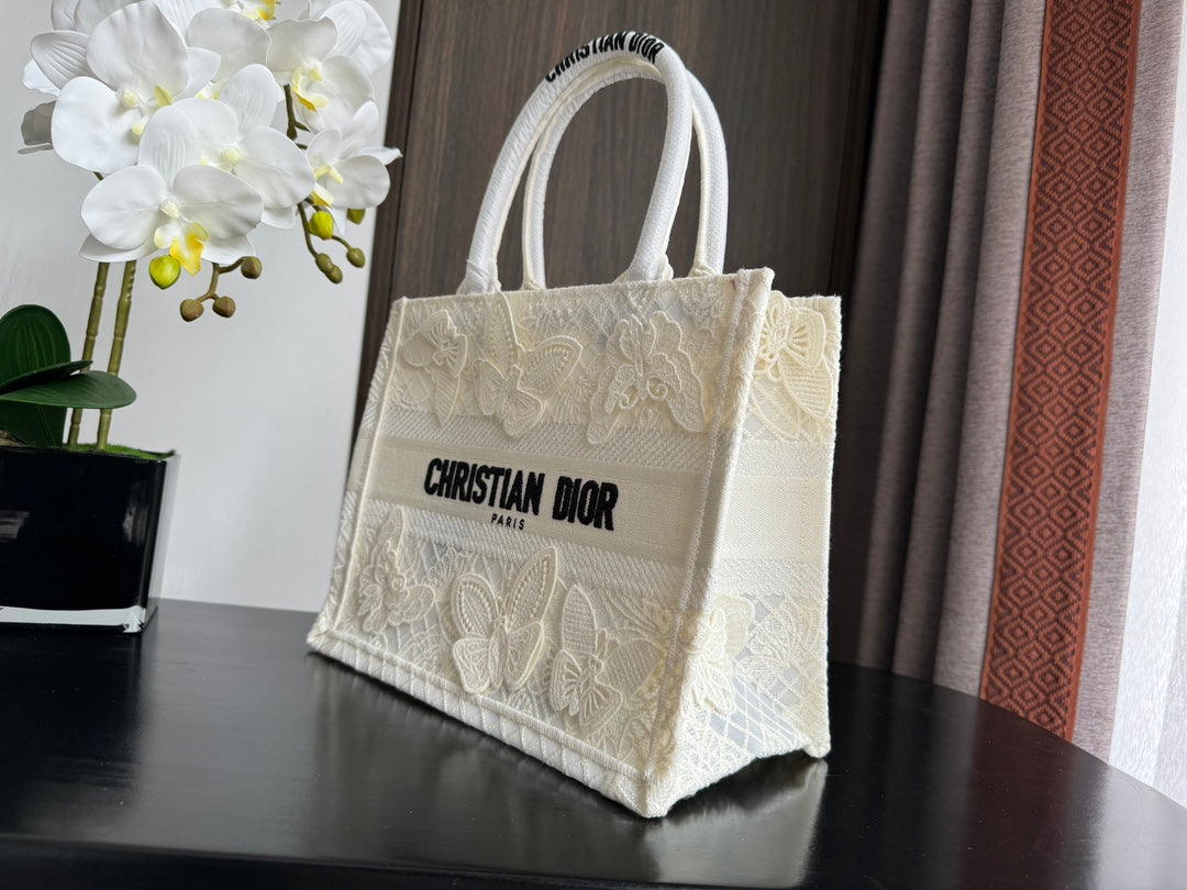 Dior White Embroidered Butterfly Lace Canvas Tote Bag for Women