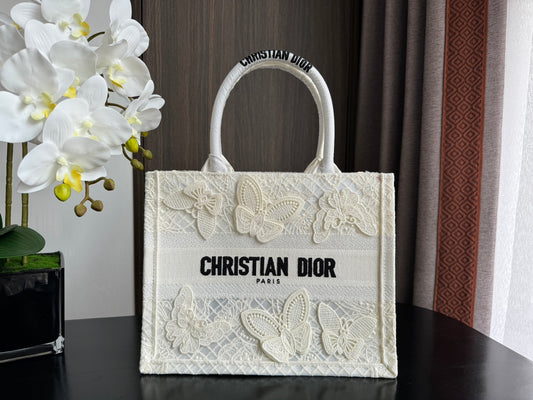 Dior White Embroidered Butterfly Lace Canvas Tote Bag for Women