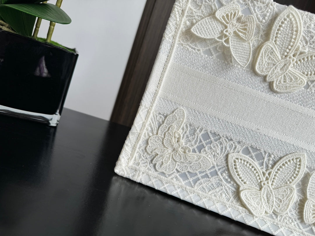 Dior White Embroidered Butterfly Lace Canvas Tote Bag for Women