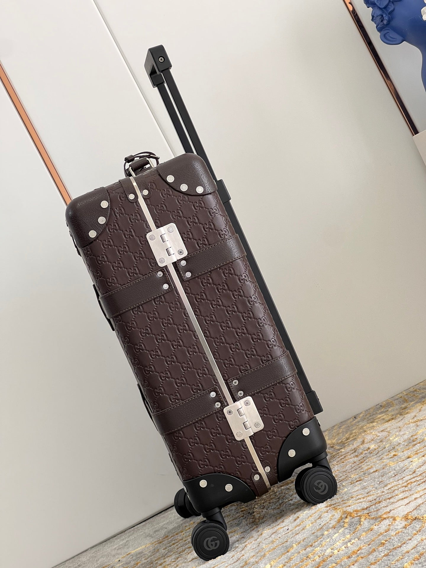 Vintage Brown Embossed Leather Spinner Luggage Suitcase