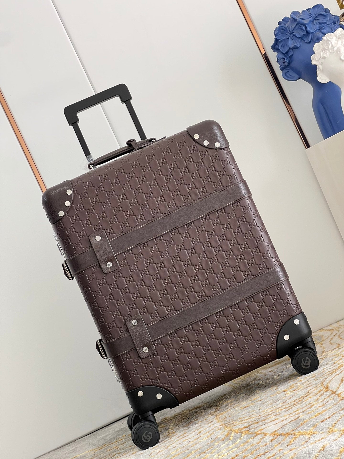 Vintage Brown Embossed Leather Spinner Luggage Suitcase