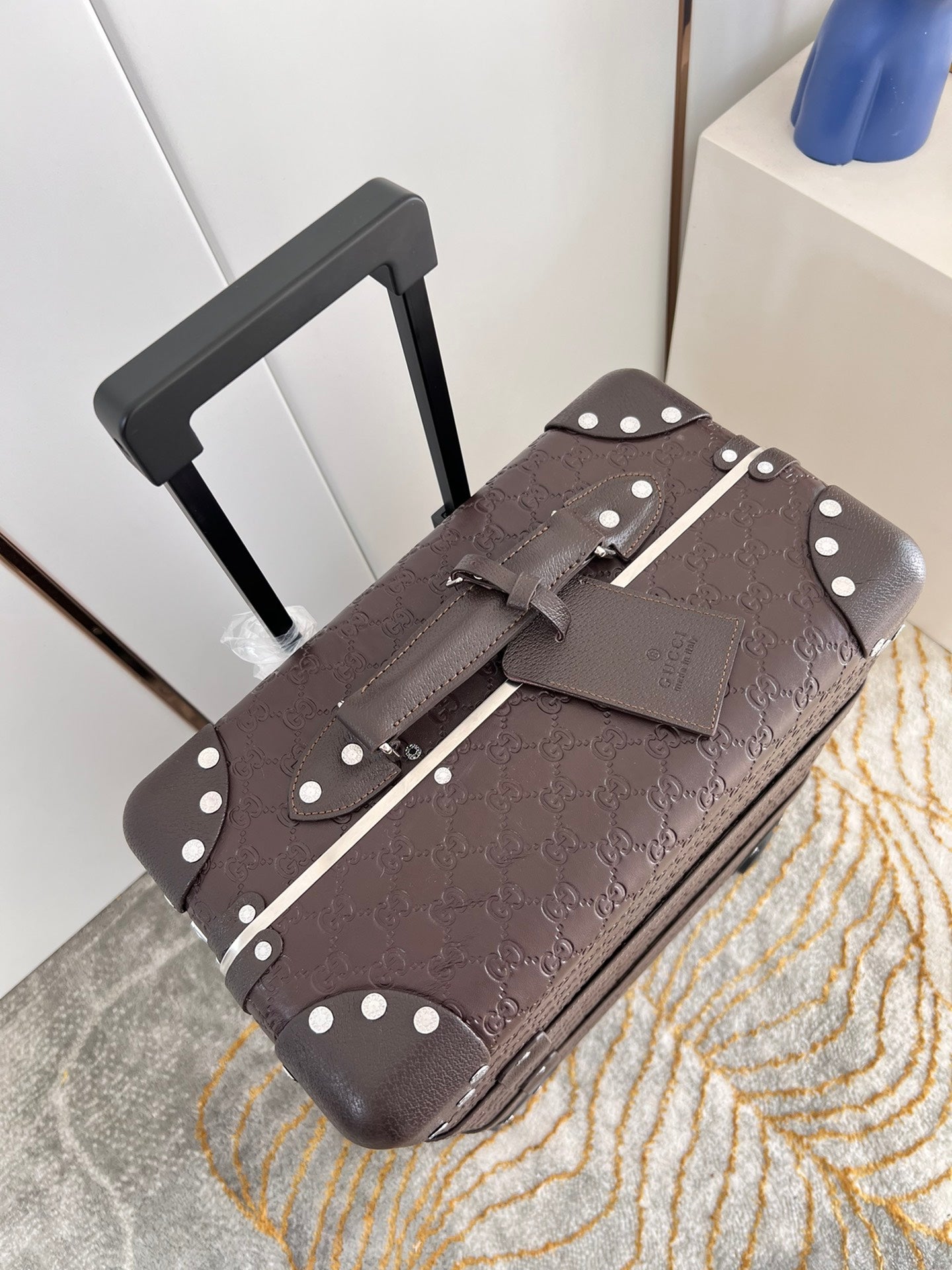 Vintage Brown Embossed Leather Spinner Luggage Suitcase