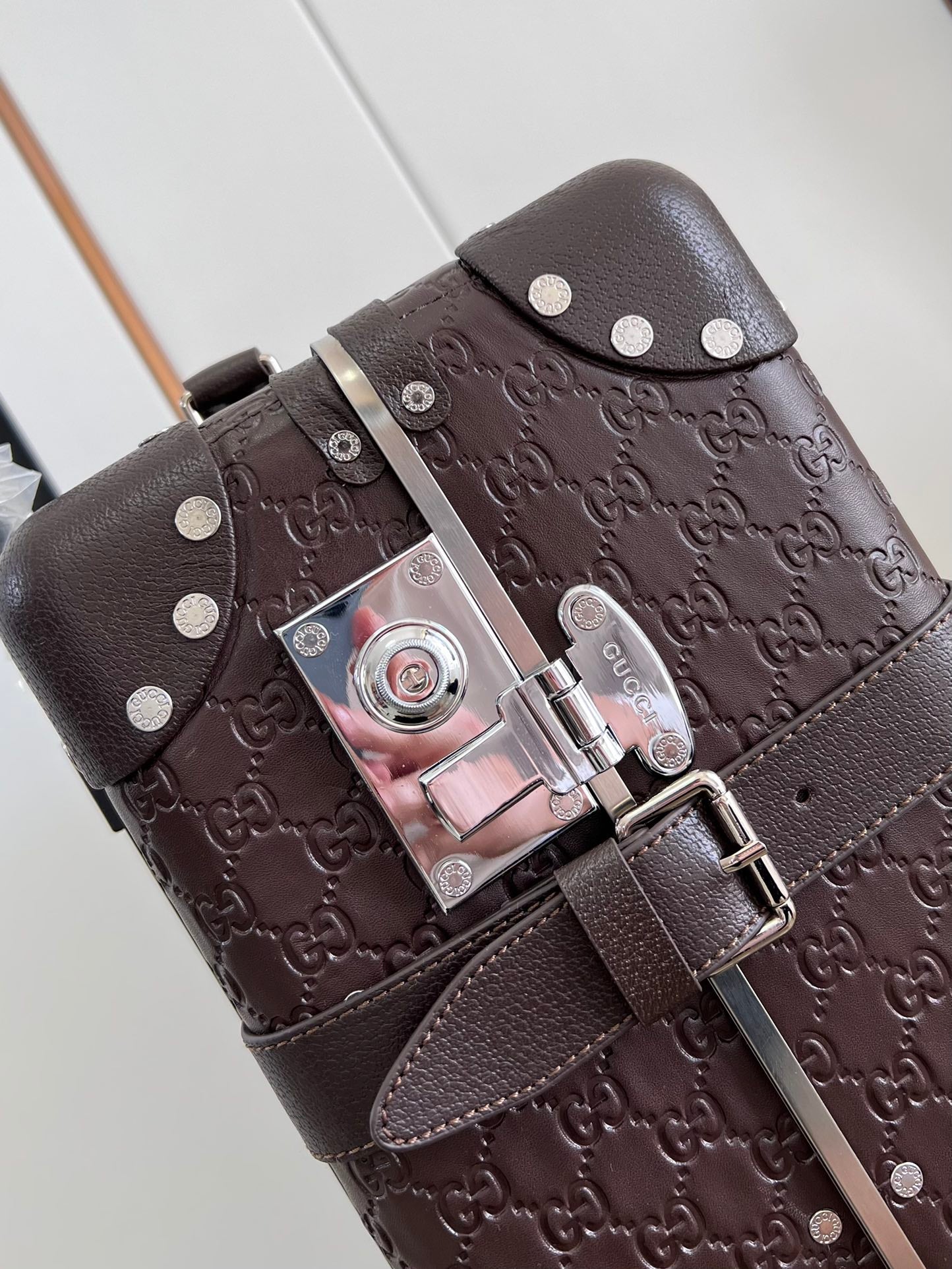 Vintage Brown Embossed Leather Spinner Luggage Suitcase