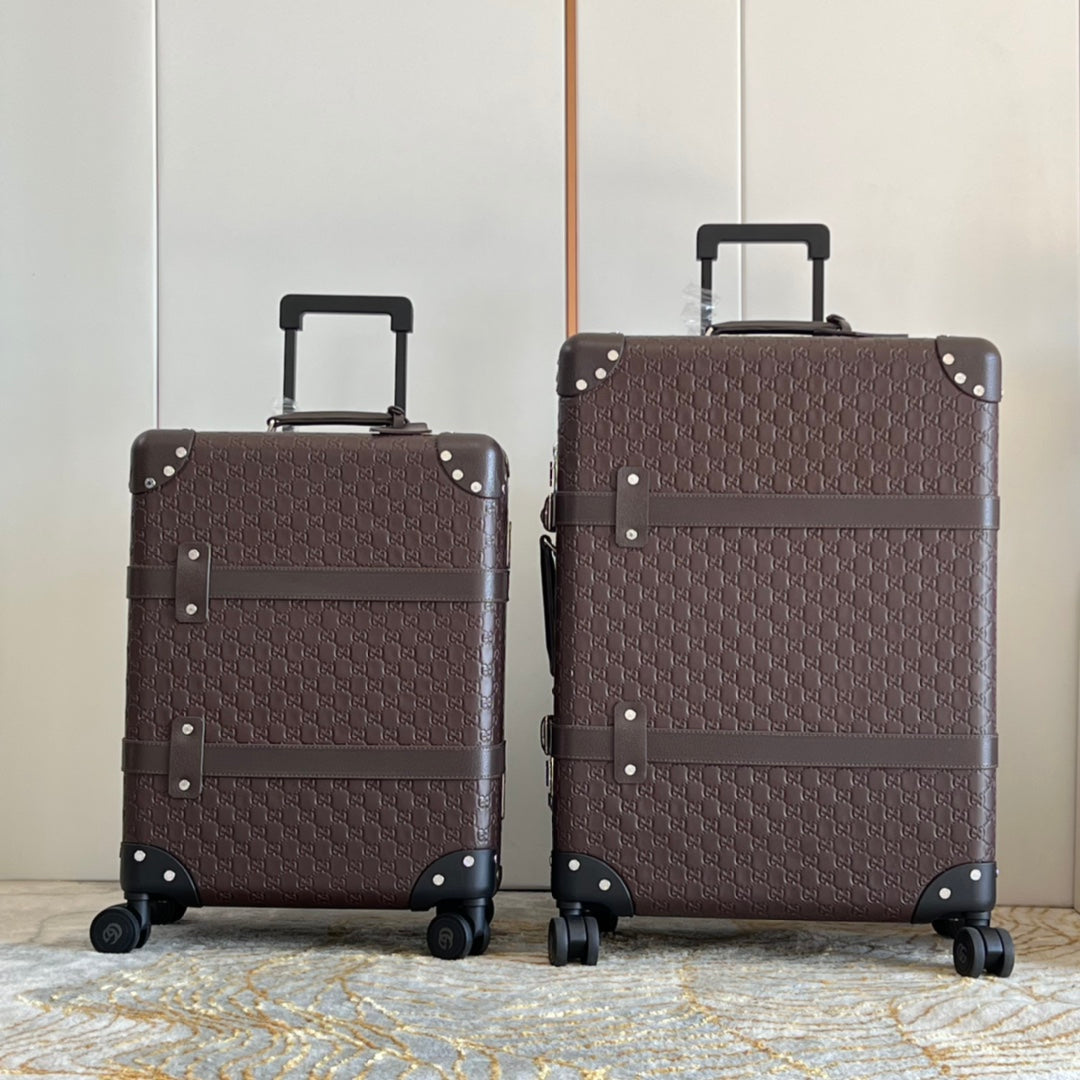 Vintage Brown Embossed Spinner Luggage Set Retro Trunk Suitcase