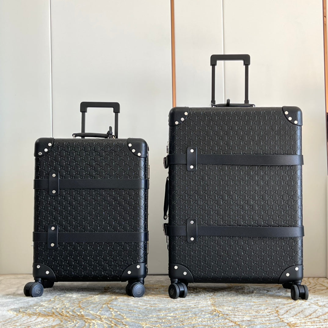 Vintage Embossed Black Trunk Suitcase Set with Spinner Wheels