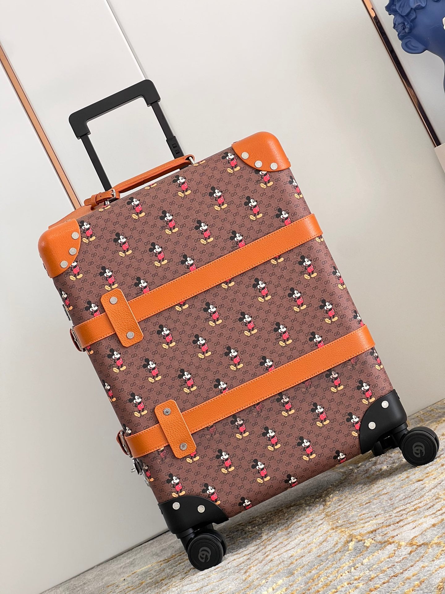 Vintage Brown Cartoon Mouse Printed Spinner Suitcase Travel Trunk