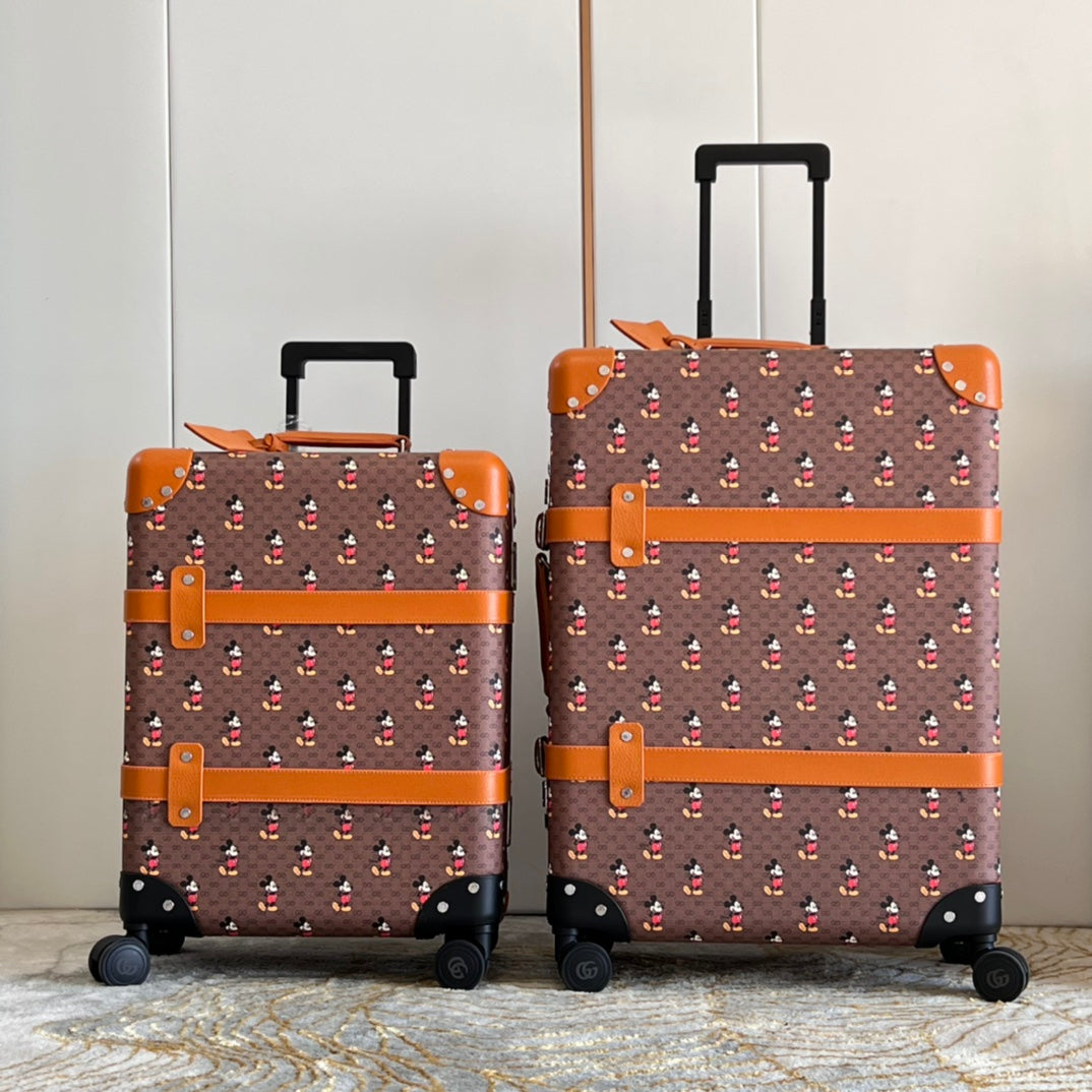 Vintage Brown Cartoon Pattern Spinner Luggage Set with Straps