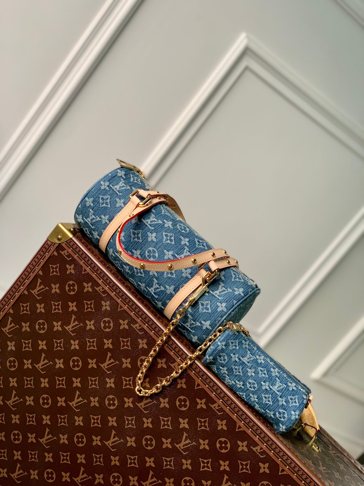 Louis Vuitton Blue Denim Monogram Cylinder Shoulder Bag and Pouch Set