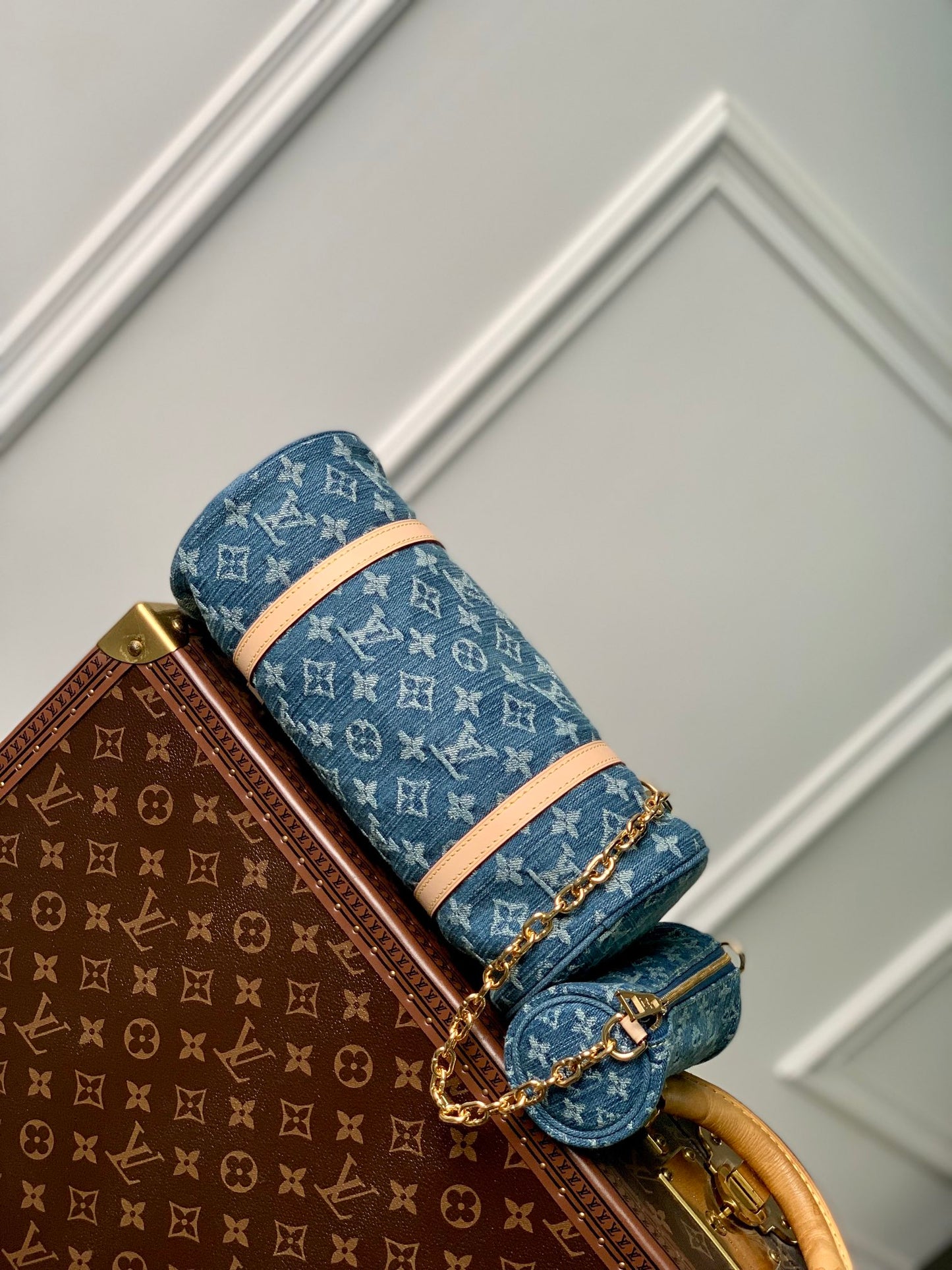 Louis Vuitton Blue Denim Monogram Cylinder Shoulder Bag and Pouch Set