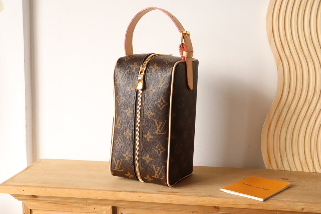 Louis Vuitton Luxury Brown Monogram Toiletry Bag with Top Leather Handle