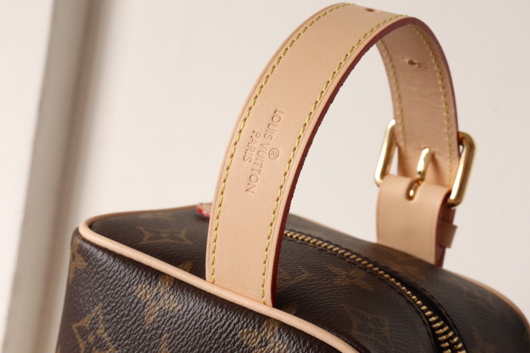 Louis Vuitton Luxury Brown Monogram Toiletry Bag with Top Leather Handle