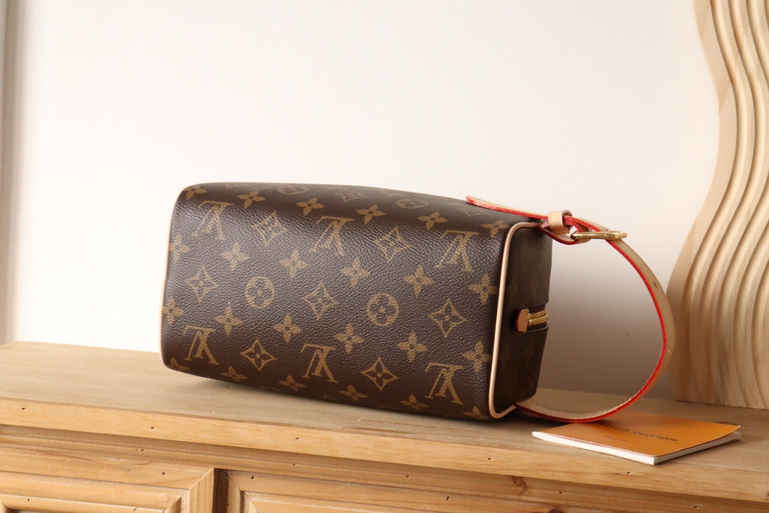 Louis Vuitton Luxury Brown Monogram Toiletry Bag with Top Leather Handle