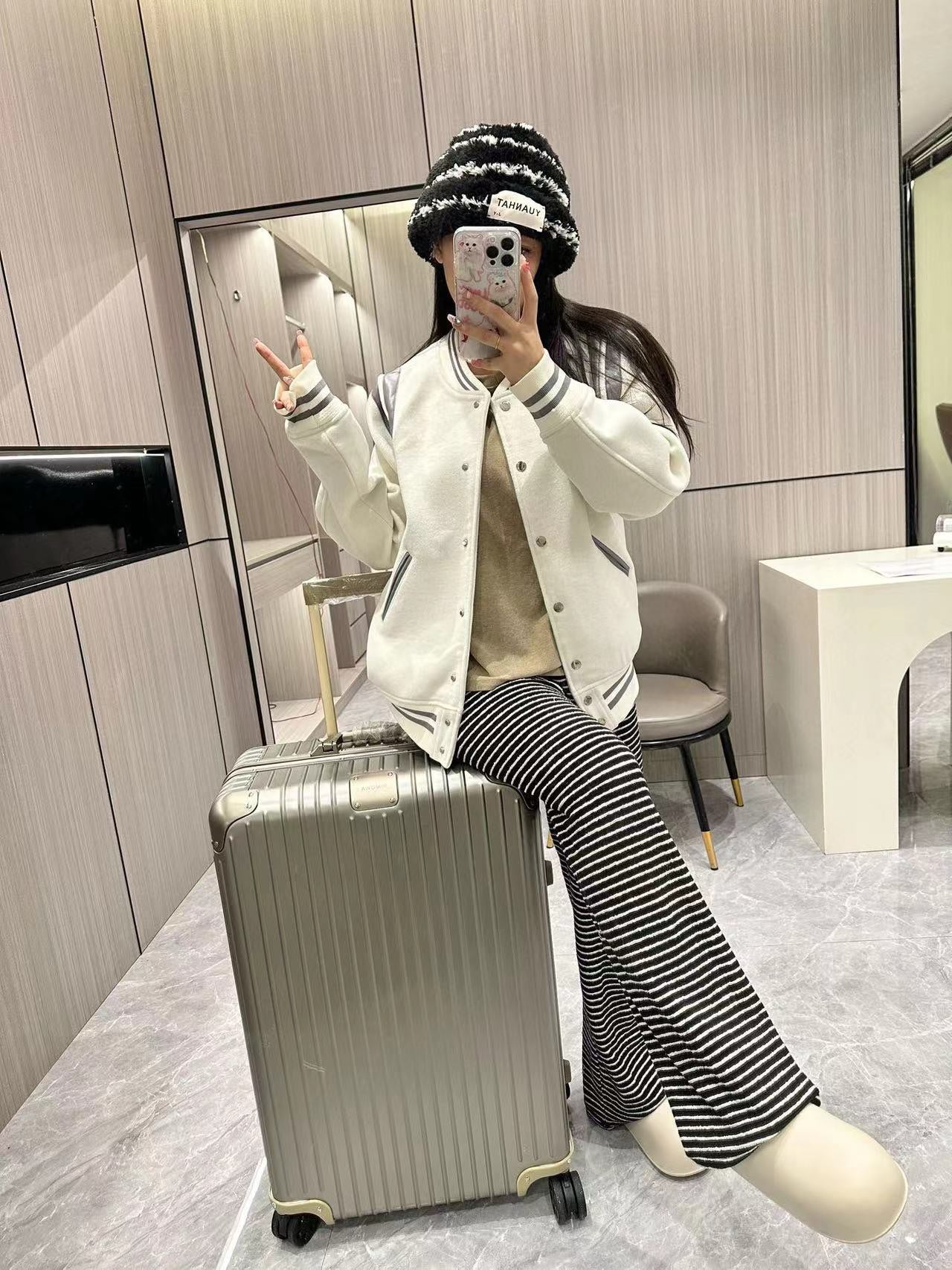 Women's Oversized White Varsity Baseball Jacket with Striped Trim