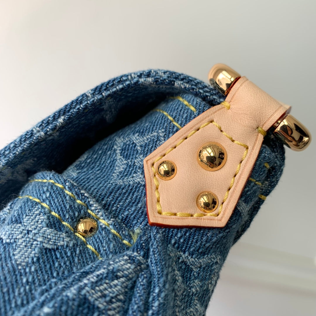 Louis Vuitton Vintage Style Blue Denim Monogram Shoulder Bag with Gold Hardware