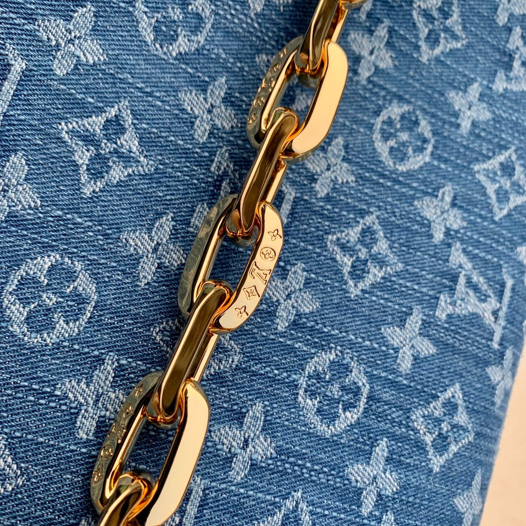 Louis Vuitton Blue Denim Monogram Print Crossbody Bag with Chunky Gold Chain