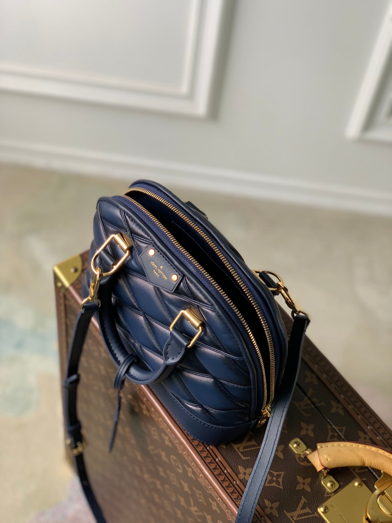 Louis Vuitton Elegant Navy Blue Quilted Leather Dome Handbag with Shoulder Strap