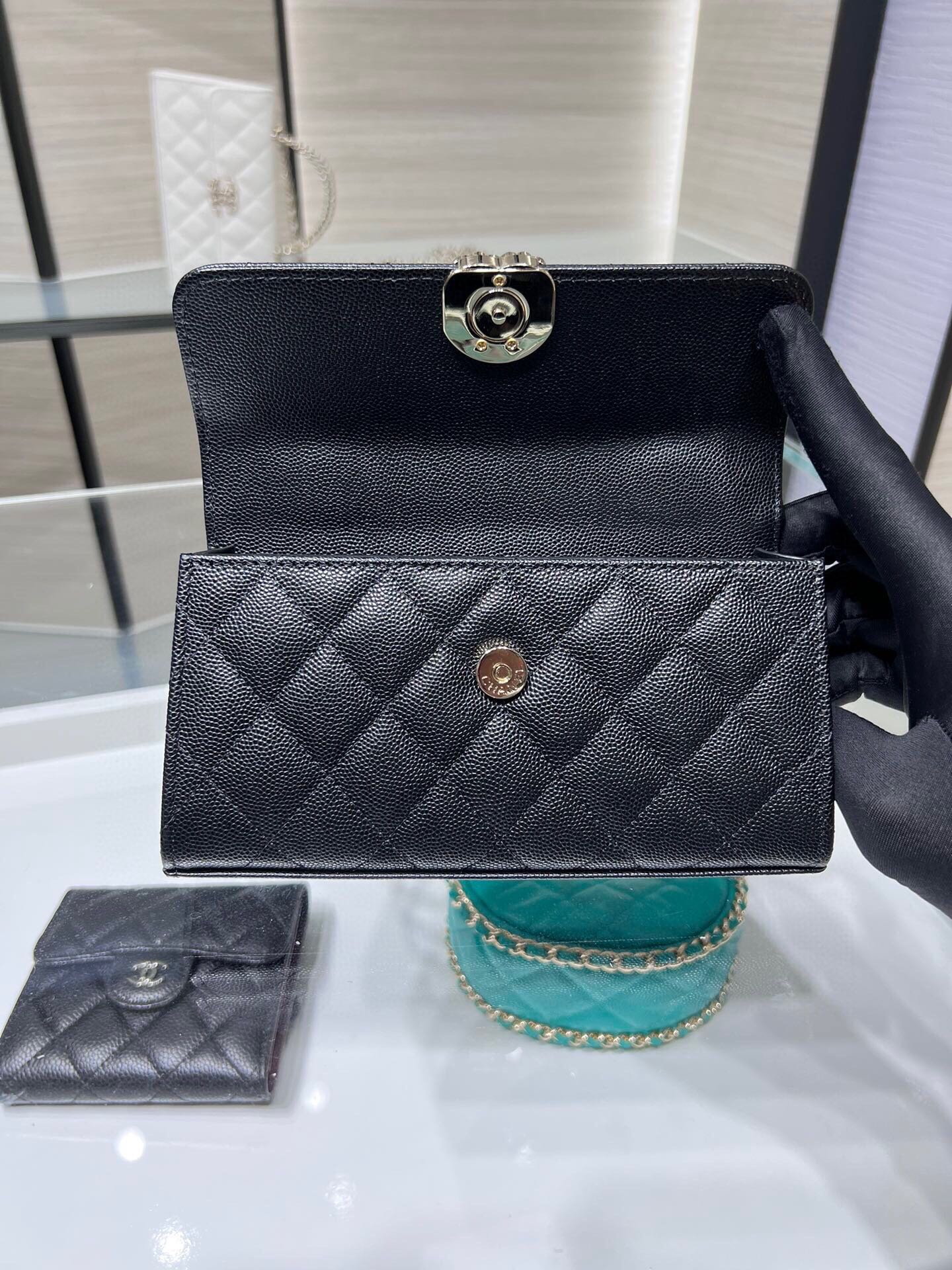 Chanel Black Quilted Lambskin Top Handle Wallet on Chain Gold-Tone Hardware