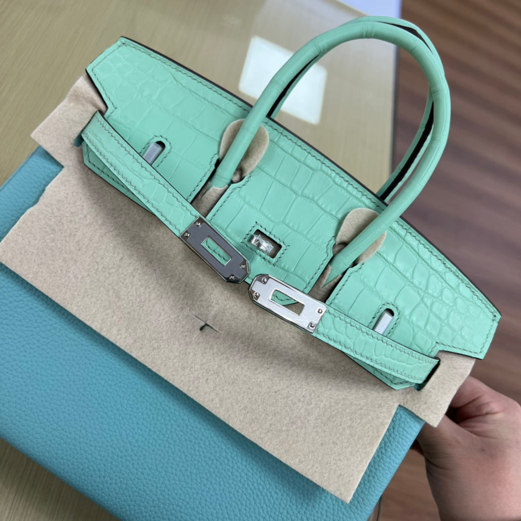 Luxury Two-Tone Leather Handbag in Turquoise and Mint Green with Silver Hardware