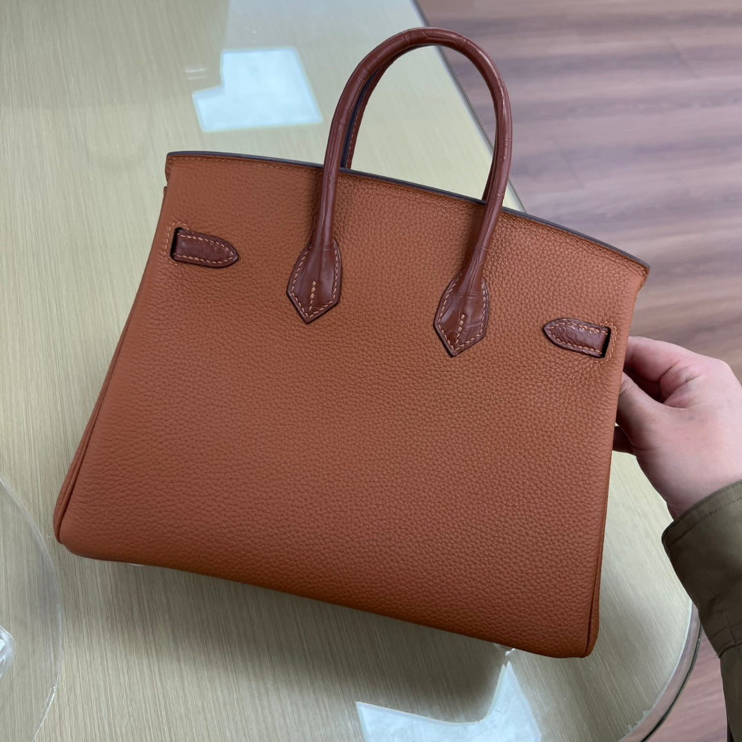 Elegant Brown Leather Top Handle Handbag with Crocodile Texture Accents