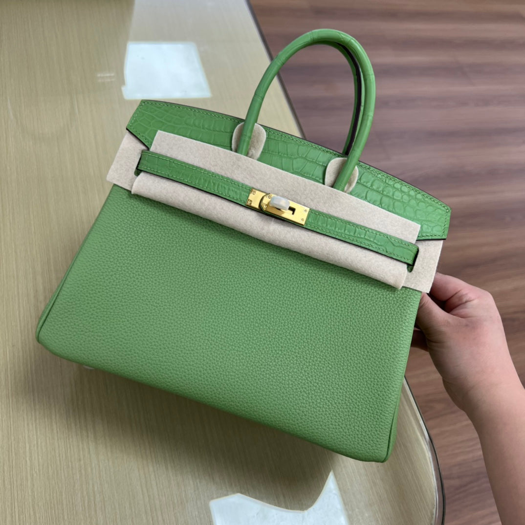 Luxury Green Textured Leather Top Handle Handbag with Gold Hardware