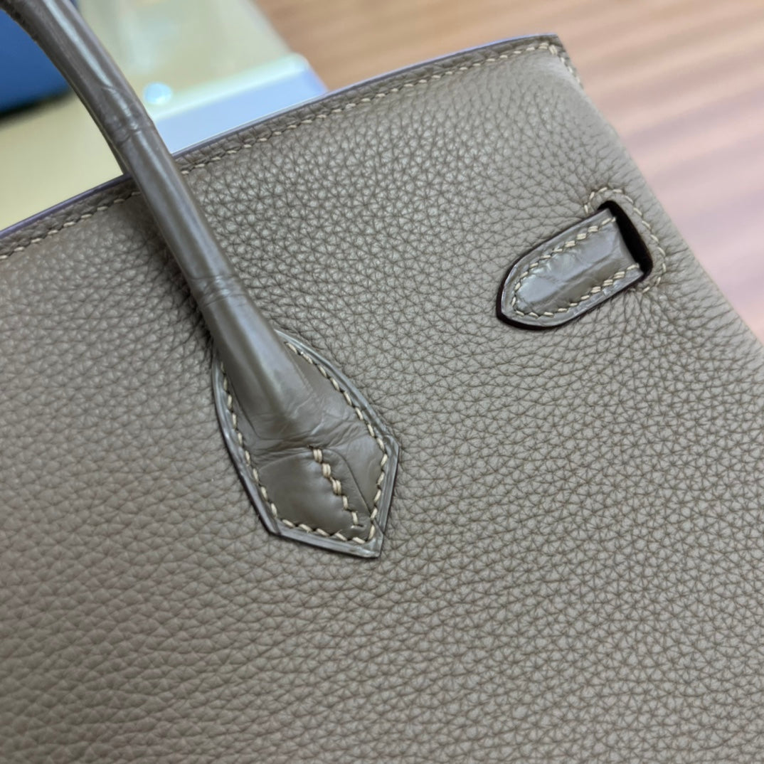 Luxury Two-Tone Grey Leather Handbag with Gold-Tone Hardware - Classic Tote