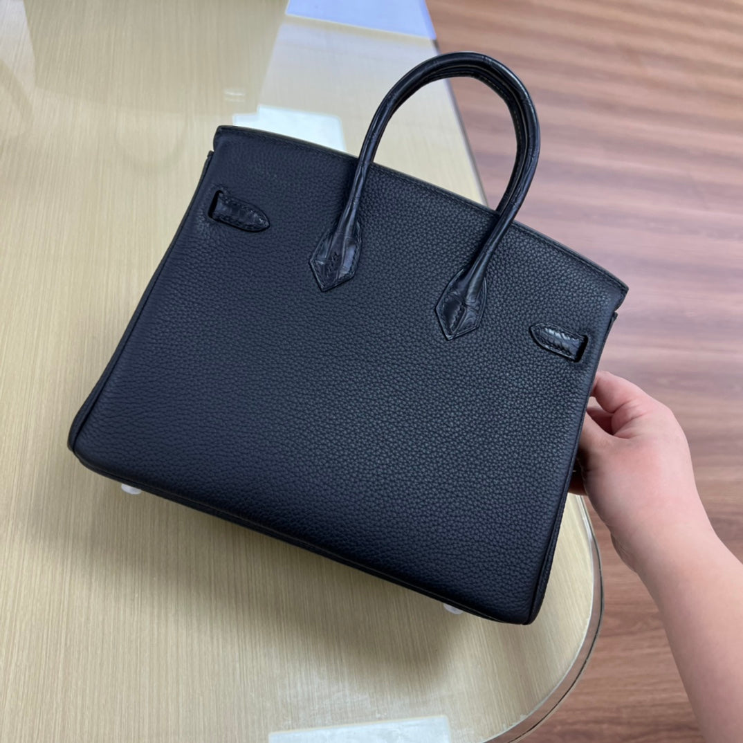 Luxury Black Crocodile-Embossed Leather Top Handle Bag with Silver Hardware