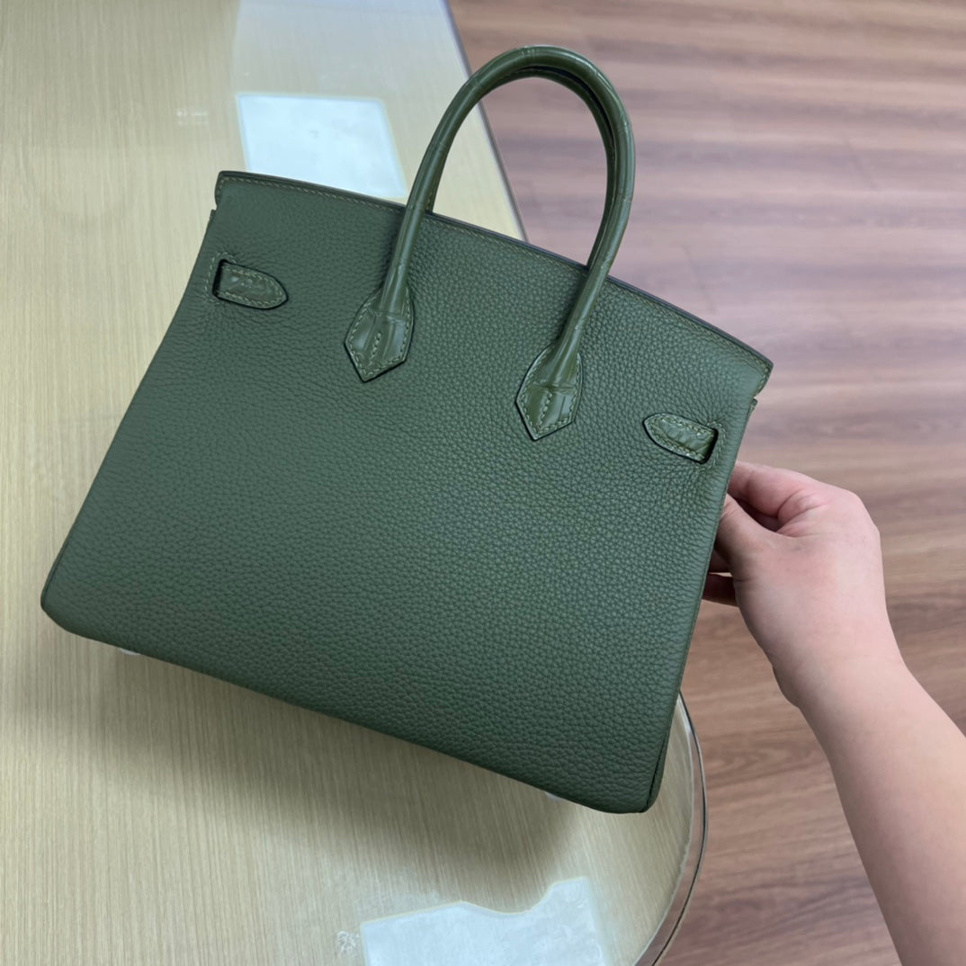 Elegant Two-Tone Green Crocodile Embossed Leather Handbag - Top Handle Satchel
