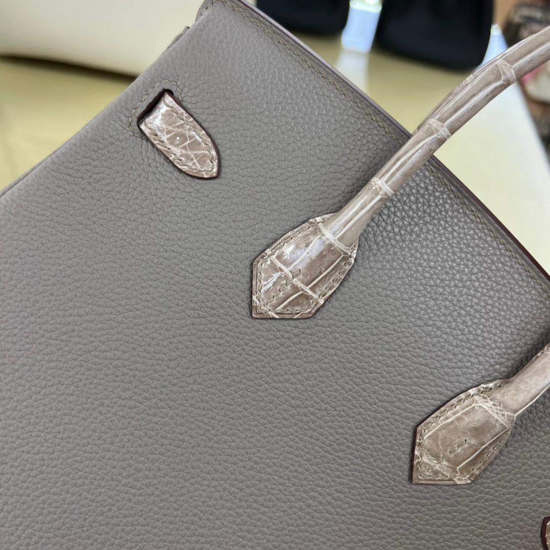 Grey Crocodile Texture Top Handle Leather Handbag with Silver Hardware