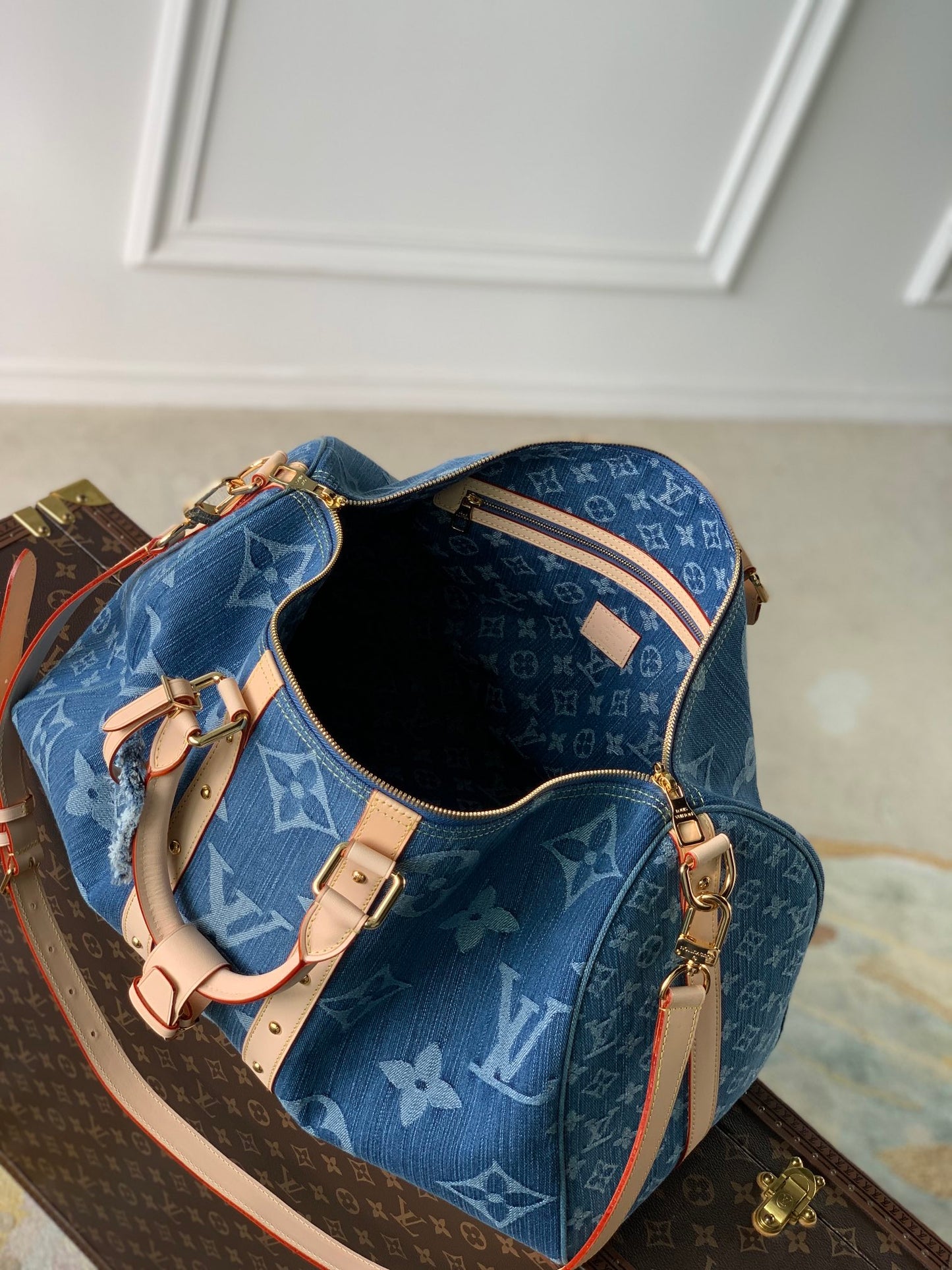 Louis Vuitton Blue Monogram Denim Weekender Travel Bag with Leather Trim