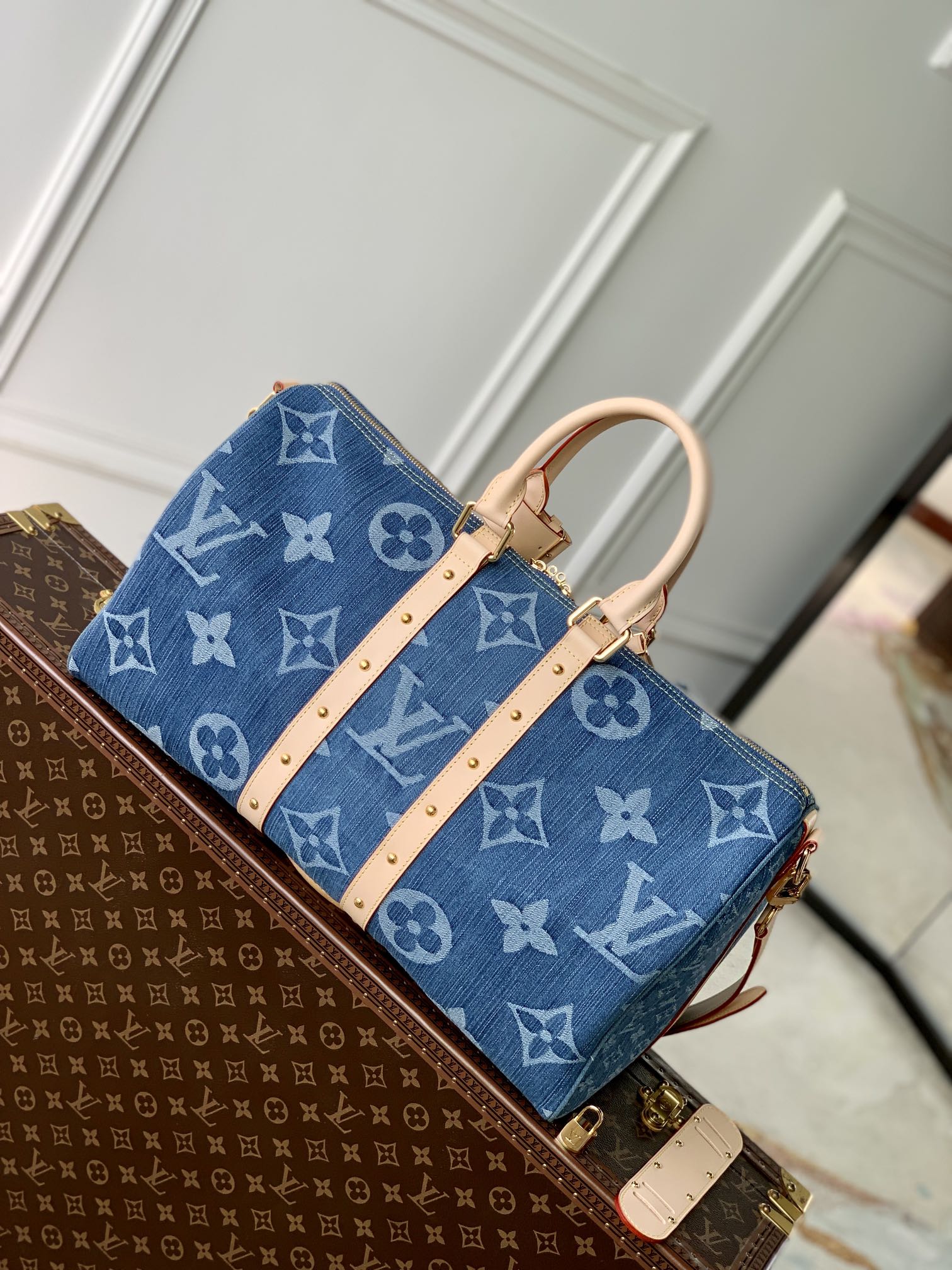 Louis Vuitton Blue Monogram Denim Weekender Travel Bag with Leather Trim