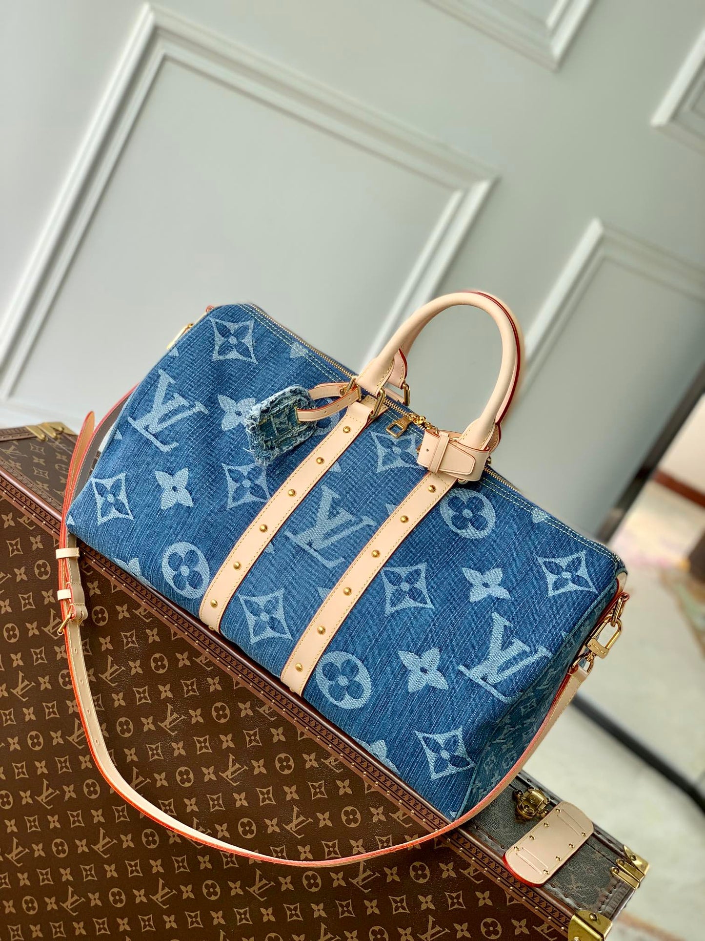 Louis Vuitton Blue Monogram Denim Weekender Travel Bag with Leather Trim