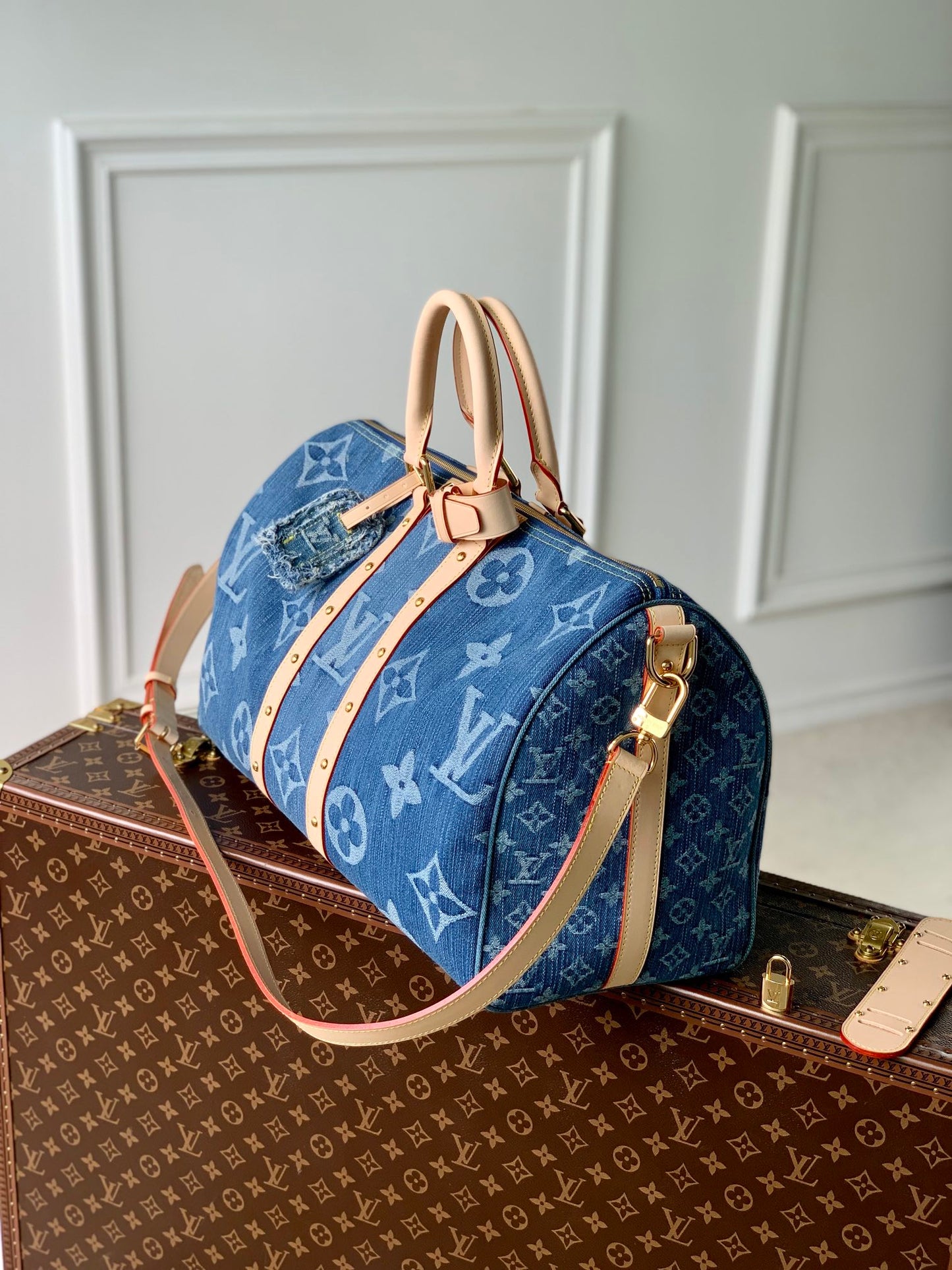 Louis Vuitton Blue Monogram Denim Weekender Travel Bag with Leather Trim