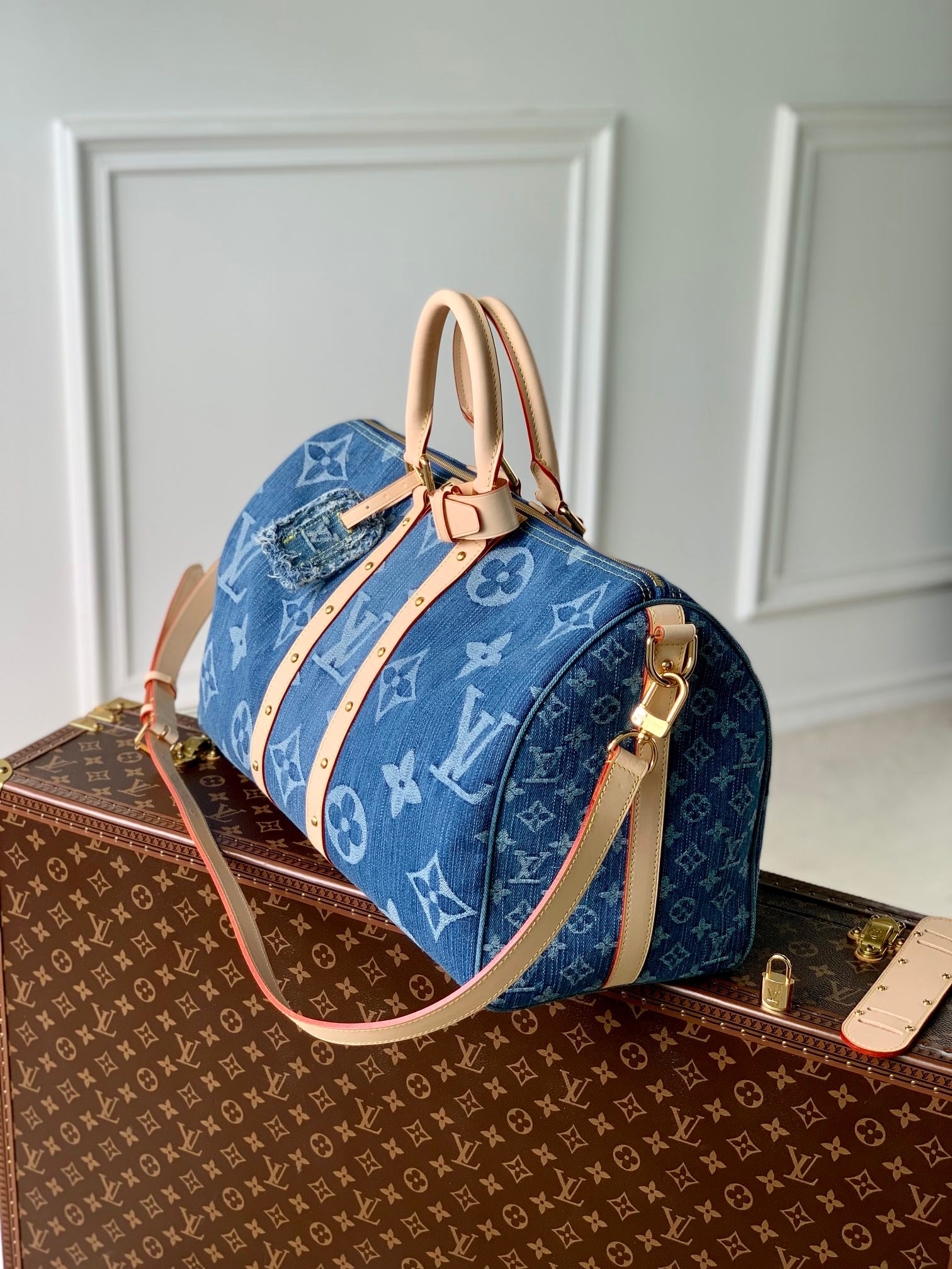 Louis Vuitton Blue Monogram Denim Weekender Travel Bag with Leather Trim
