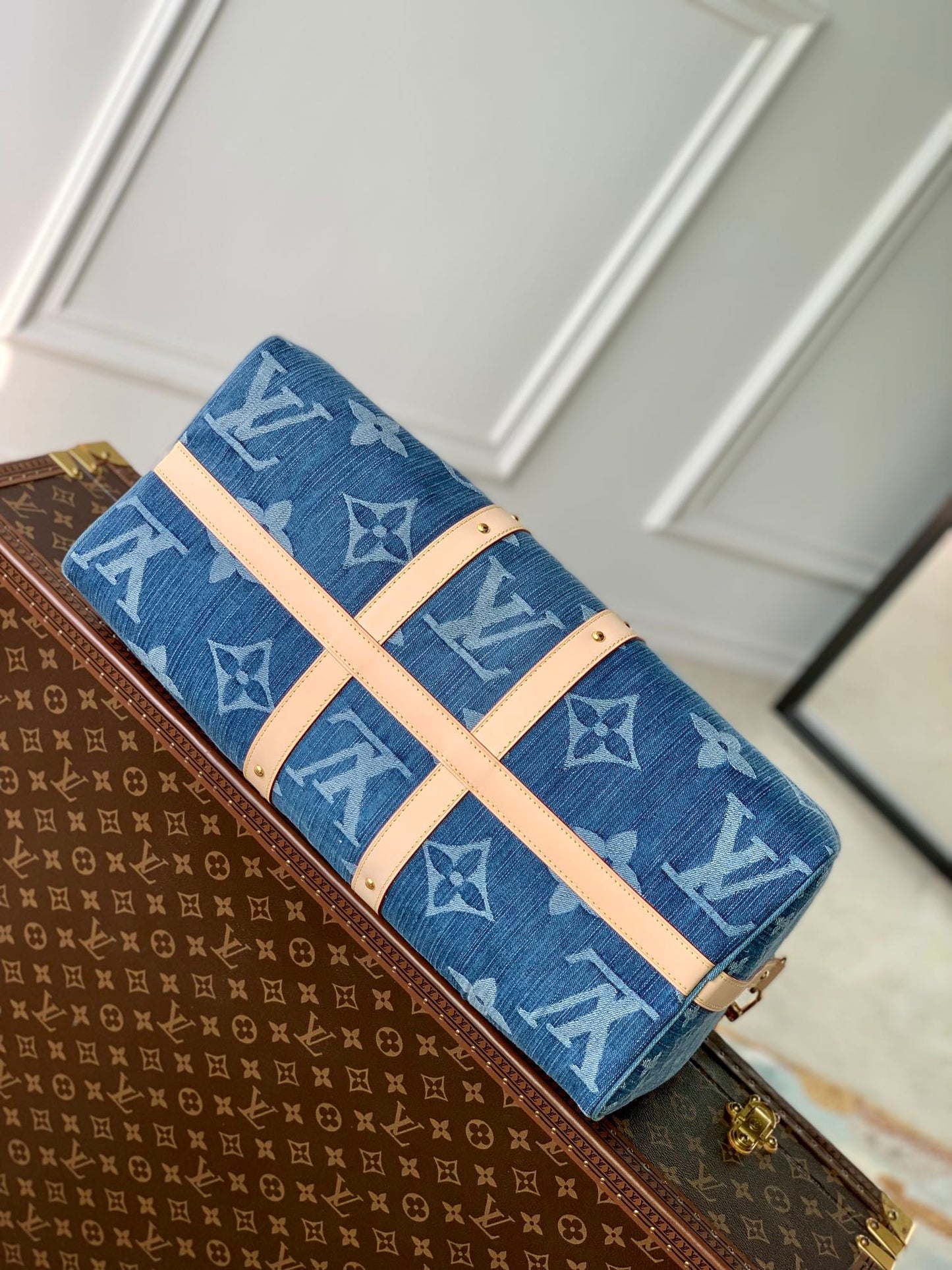 Louis Vuitton Blue Monogram Denim Weekender Travel Bag with Leather Trim
