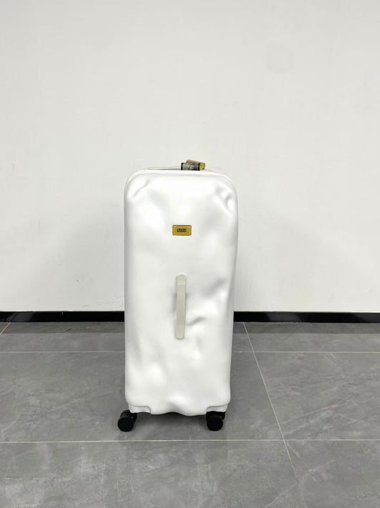 Modern Glossy White Dented Hardshell Spinner Suitcase