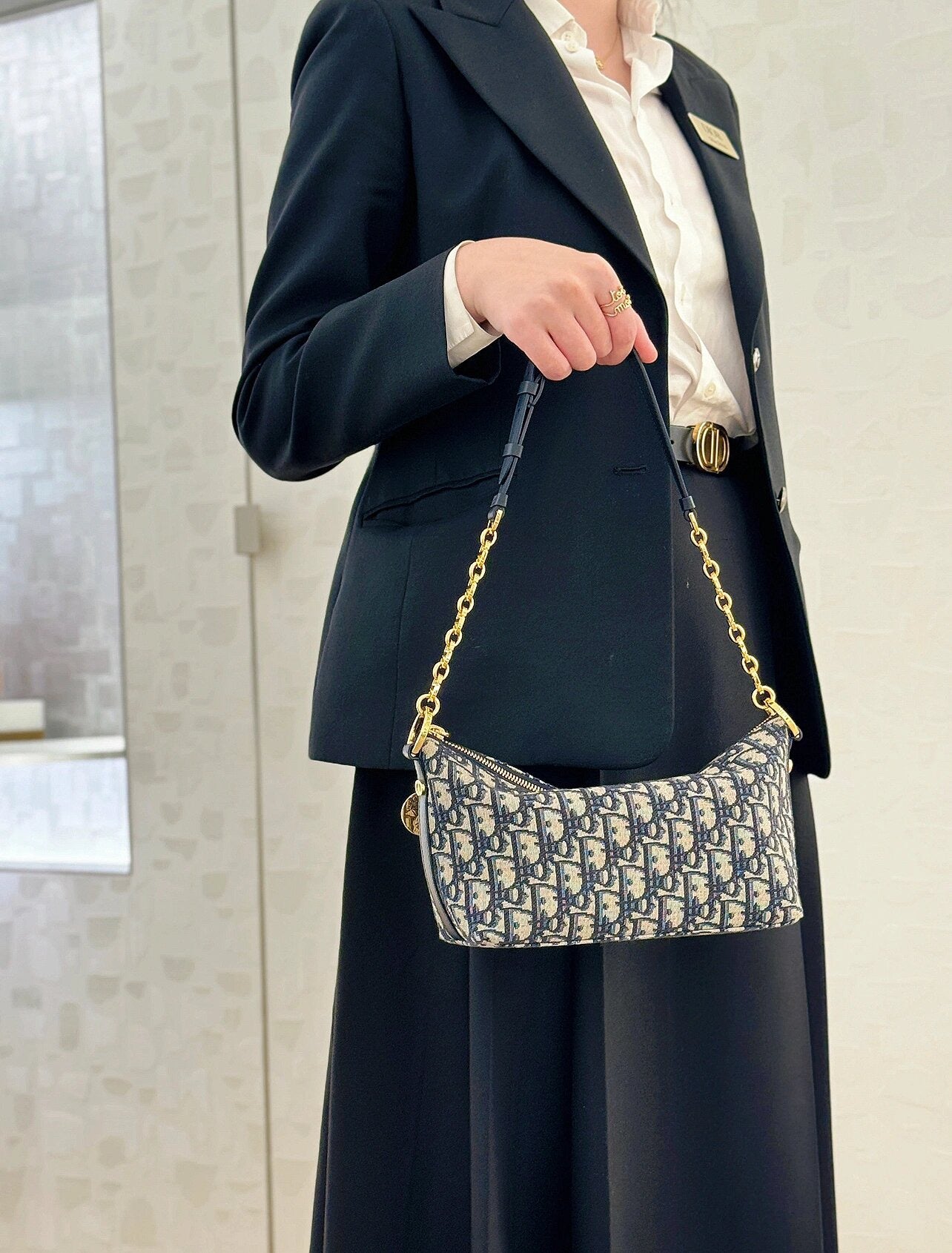 Dior Classic Monogram Canvas Baguette Shoulder Bag with Gold Chain