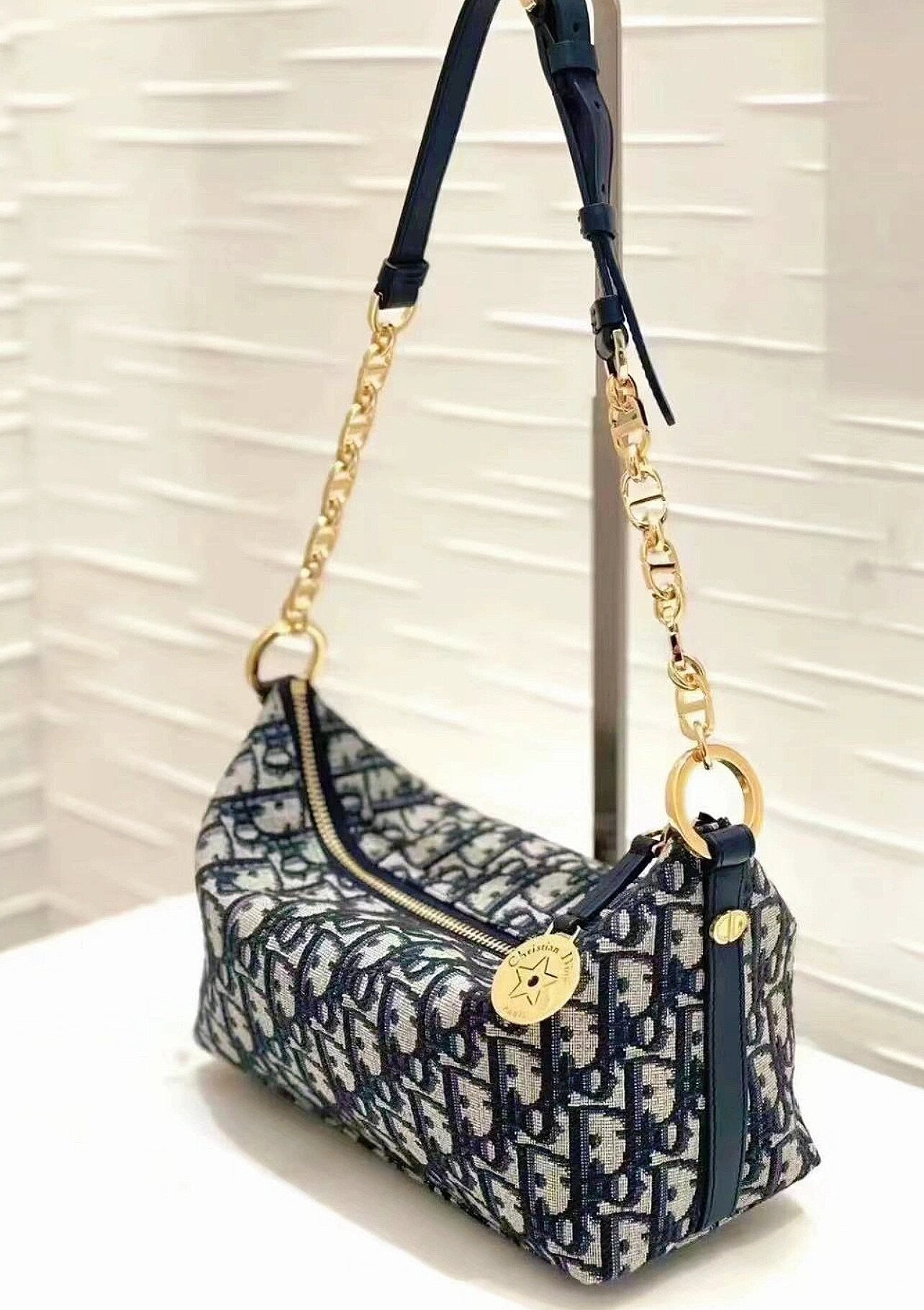 Dior Vintage Monogram Jacquard Baguette Shoulder Bag with Gold Chain
