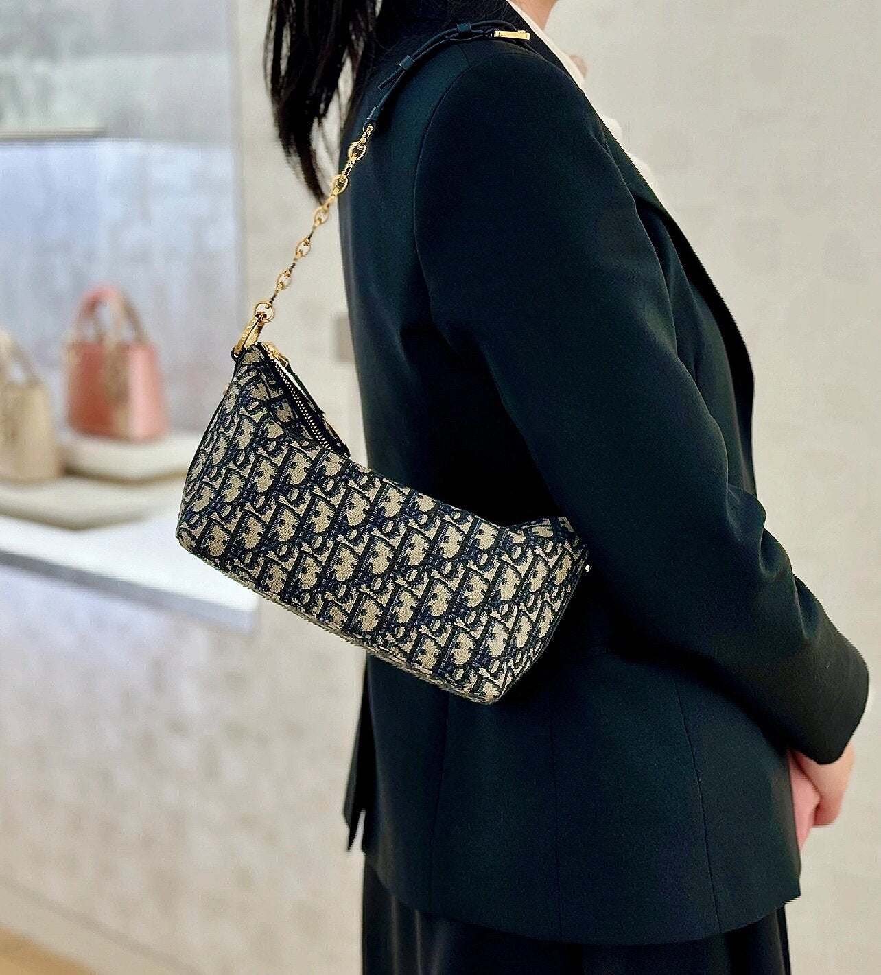 Dior Vintage Monogram Jacquard Baguette Shoulder Bag with Gold Chain