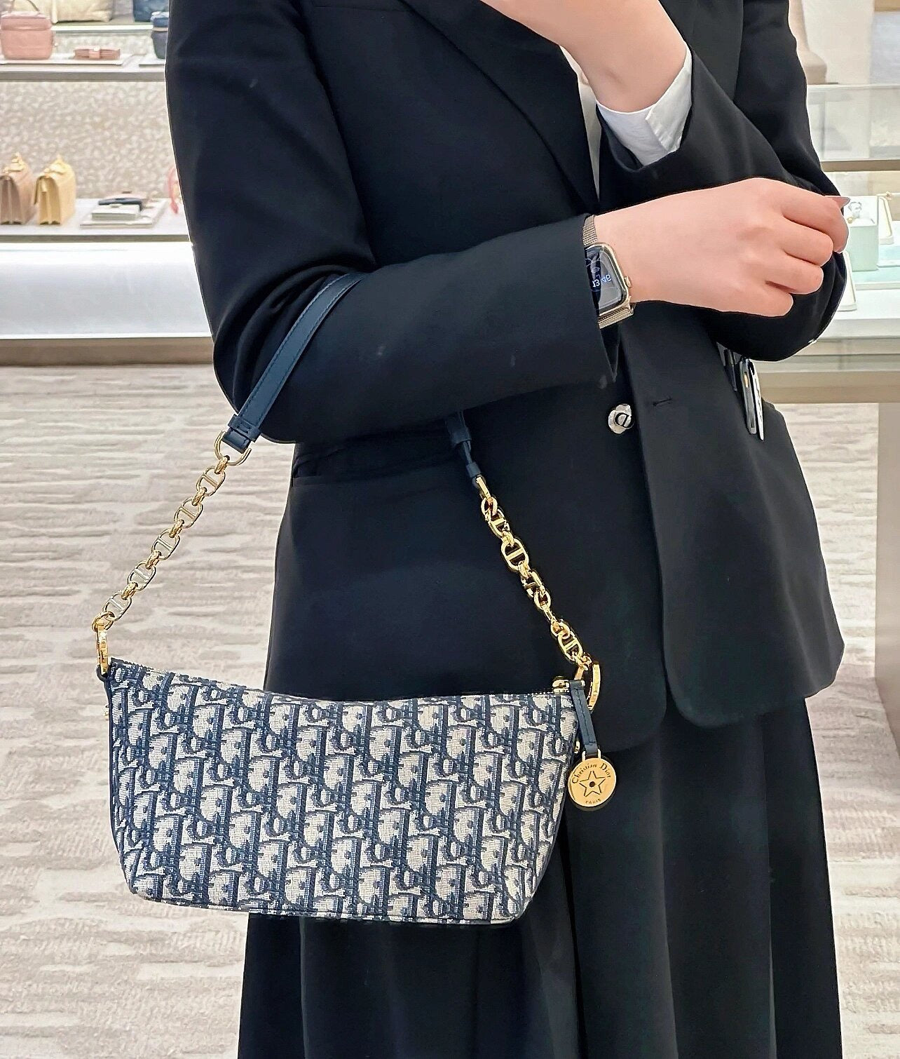 Dior Classic Monogram Canvas Baguette Shoulder Bag with Gold Chain