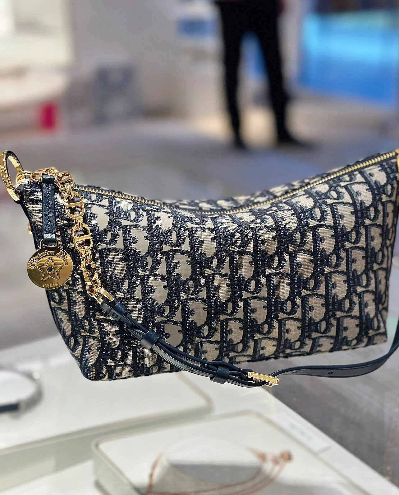 Dior Classic Monogram Canvas Baguette Shoulder Bag with Gold Chain