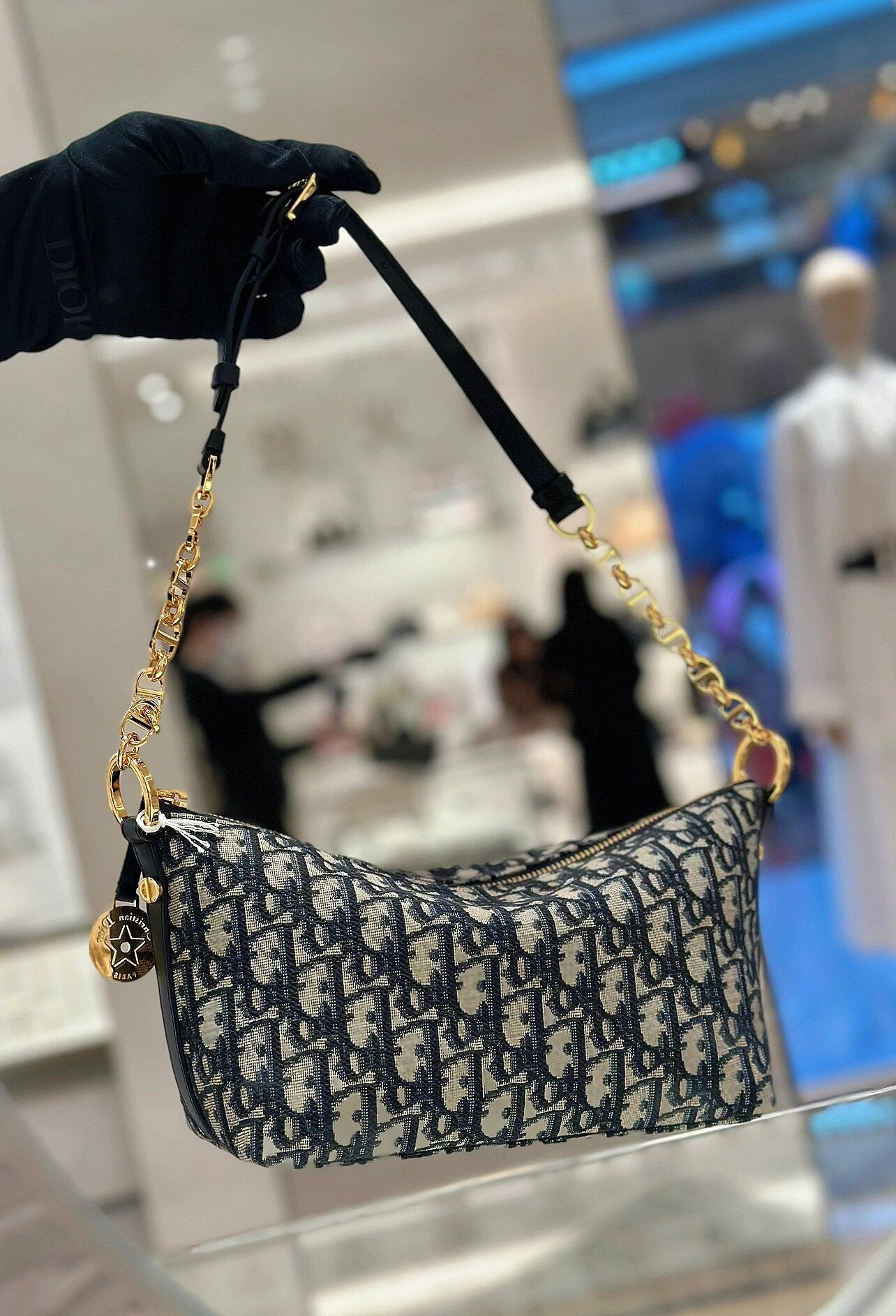 Dior Vintage Monogram Jacquard Baguette Shoulder Bag with Gold Chain