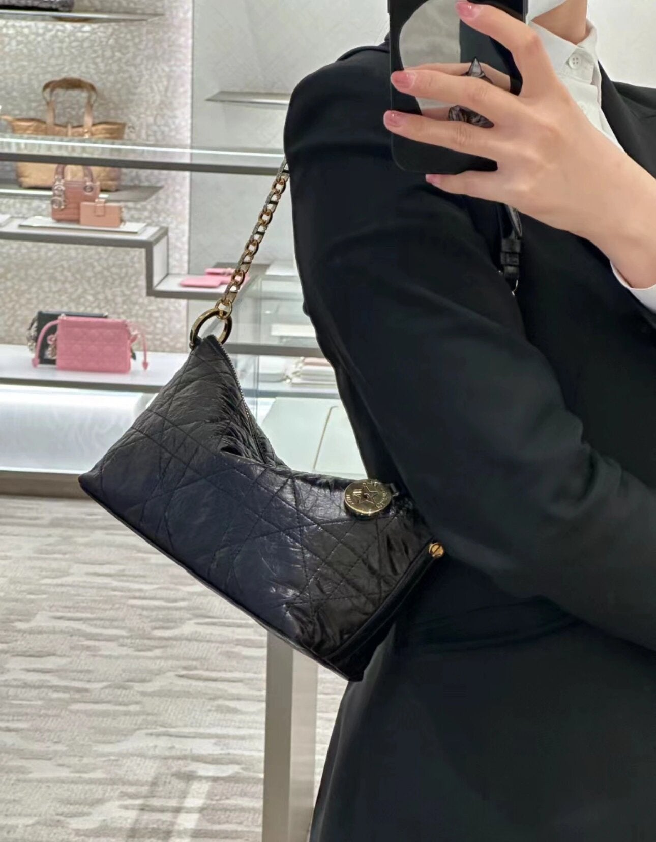 Dior Vintage Black Quilted Shoulder Bag with Gold Chain Strap