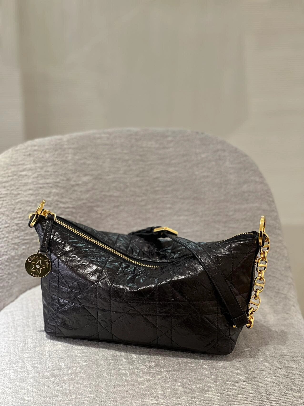 Dior Vintage Black Quilted Shoulder Bag with Gold Chain Strap