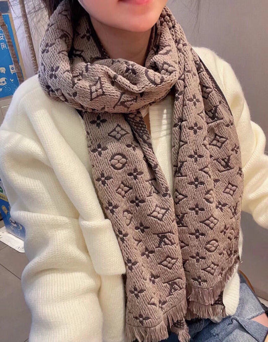 Luxury Monogram Print Knit Scarf for Women - Soft Warm Winter Neck Wrap, Beige and Brown