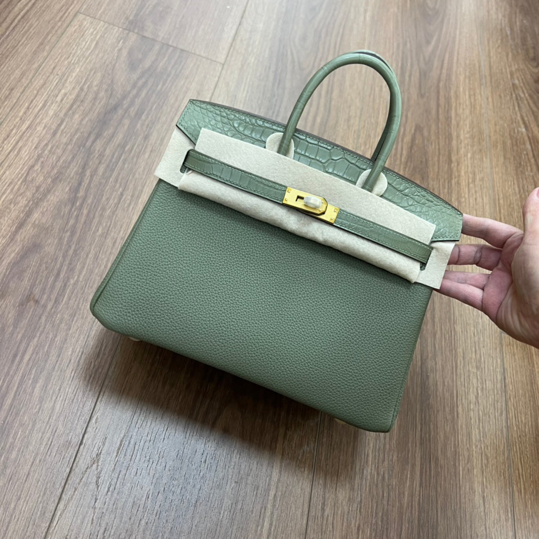 Two-Tone Leather Satchel Handbag with Gold-Tone Hardware - Brown and White