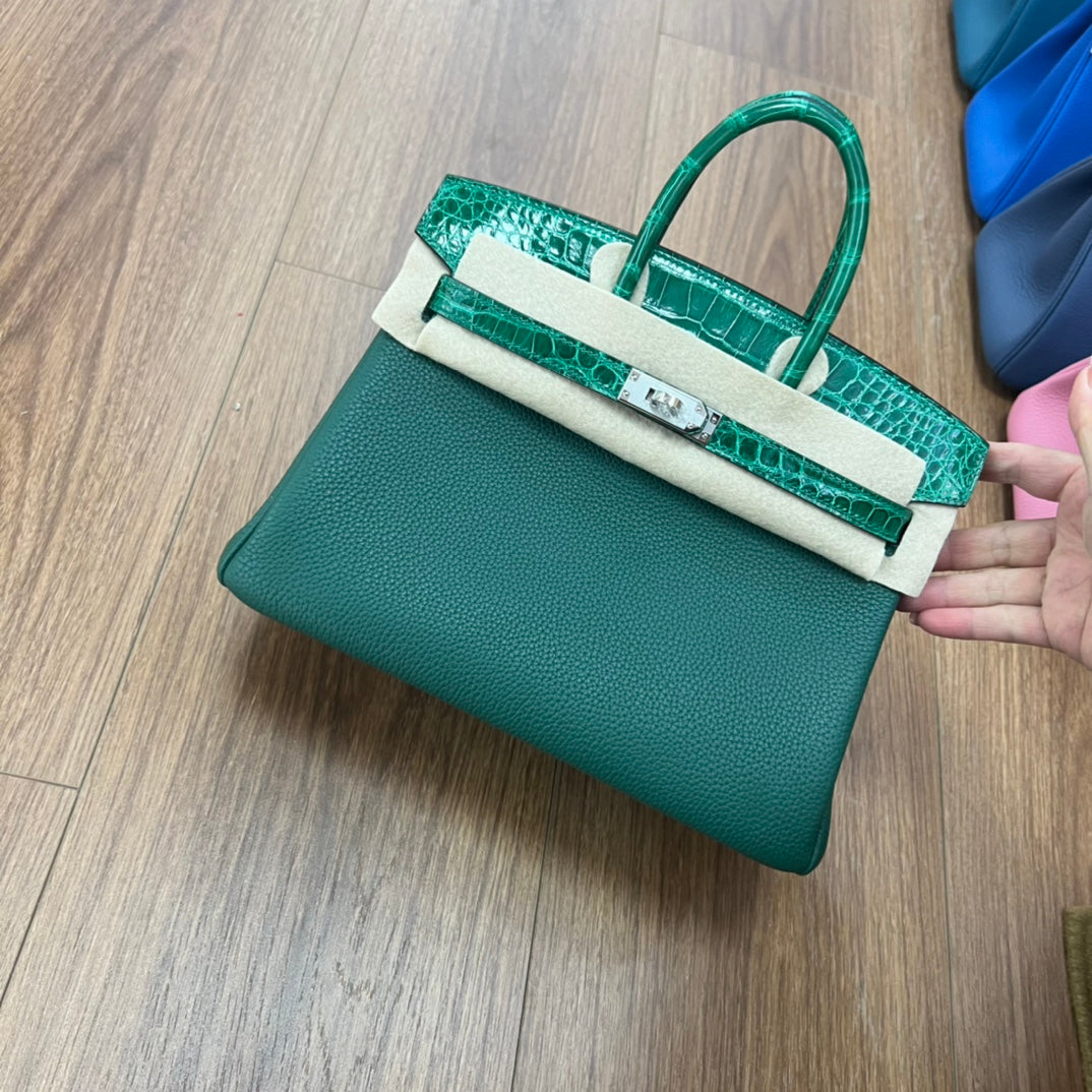 Blue Croc-Embossed Two-Tone Top Handle Handbag - Elegant Designer Style Tote